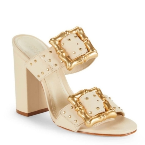 SCHUTZ Shoes - SCHUTZ Enola Cream and Gold Block Heel Sandals Size 7.5B NWOT